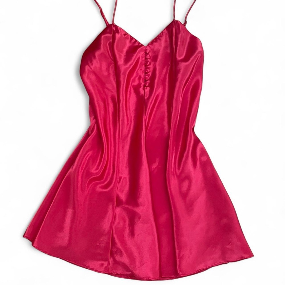 Red satin slip dress with cute button details